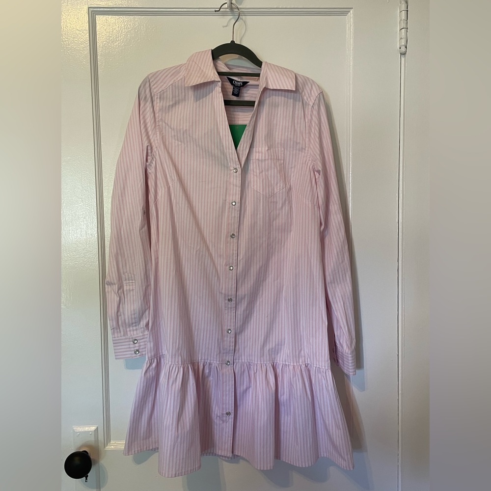 CHAPS Ladies Button Up Long Sleeve Ruffle Dress With collar